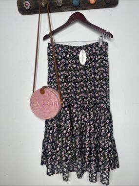 NWT Coolmee midi Skirt Sz Lg floral print black purple pink white nice fabric